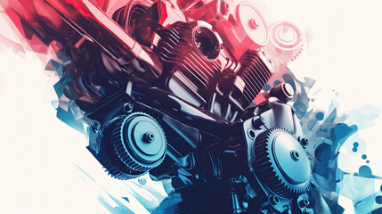 Poster of epic Pistons and Gears in minimalist abstract multicolour illustration