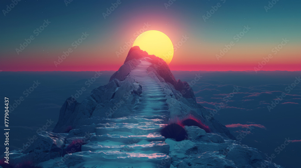 Poster mountain climbing route to peak in flat style. business journey path in progress to success vector i