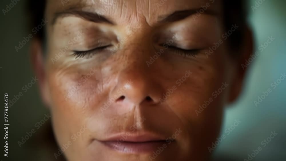 Poster a closeup of a persons face with a peaceful expression while using the apps guided meditation module