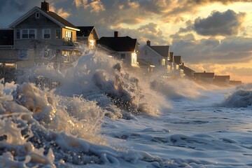 Dramatic Ocean Waves Crashing Against Weathered Coastal Houses at Sunset