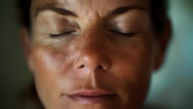 A closeup of a persons face with a peaceful expression while using the apps guided meditation module.