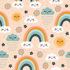 cute seamless pattern rainbow cloud rain sun