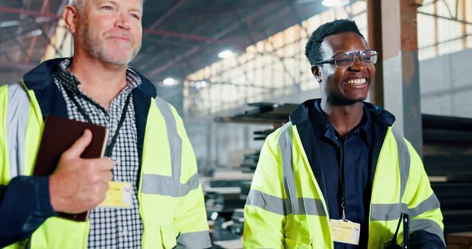 Fist bump, teamwork and men in discussion in warehouse for construction, building and maintenance. Civil engineering, factory and people with tablet for logistics, infrastructure and manufacturing
