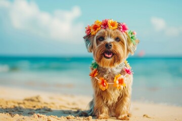 Summer background, Dog with hawaiian costume tropical palm and beach background, Generative AI
