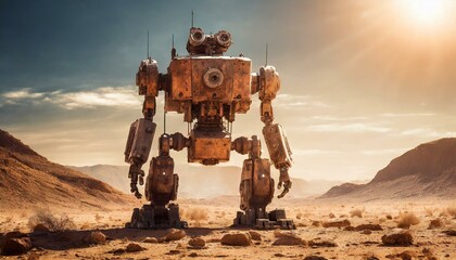A Lone Sentinel, Robot Watches Over the Barren Wasteland - obrazy, fototapety, plakaty