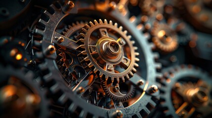 Abstract dark and gold Gears Background, steampunk and gear wheels composition, Generative AI