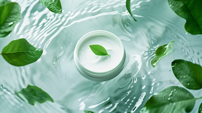 Natural Skincare Cream Jar with Fresh Leaves on Rippled Water
