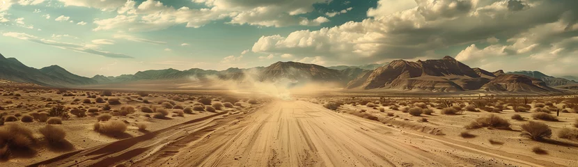 Poster Majestic Desert Landscape: Mountains, Dirt Road, Panoramic View © shiyi