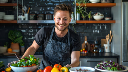 Fototapeta premium Health influencer discussing vegan recipes, vibrant dishes prepared live