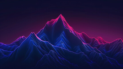 Minimalist neon depiction of a mountain range silhouette, on a dark background,