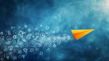 Paper Plane Trail with Social Media and Communication Icons on Blue Background.. - obrazy, fototapety, plakaty