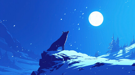 Minimalistic paper depiction of a lone wolf in a snowy landscape, with stark contrasts and vivid moonlight