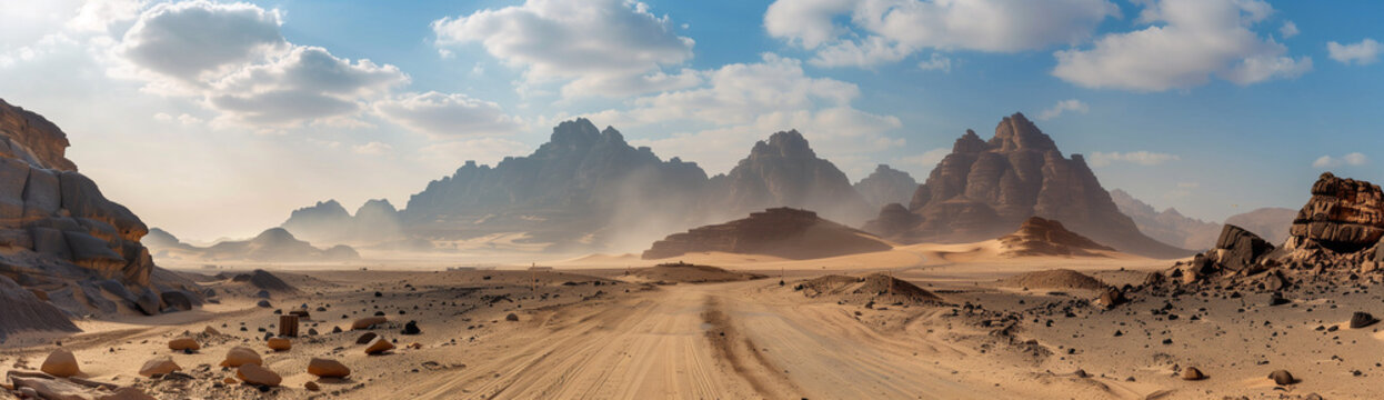 Majestic Desert Landscape: Mountains, Dirt Road, Panoramic View