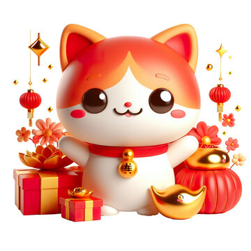 Cute character 3D image concept art of a cute lucky cat. Lunar new year Red and yellow color scheme, minimalist white background