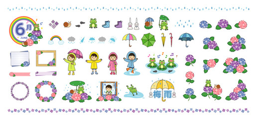 6月・梅雨のかわいいベクターイラストセット（線あり）