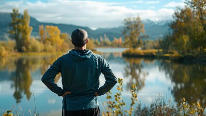 A jogger takes a break to stretch and look out at the peaceful lake their back facing the viewer. . .