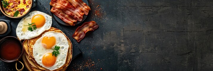 Breakfast Spread with Eggs,Bacon,and Pancakes on Dark Background with Copy Space