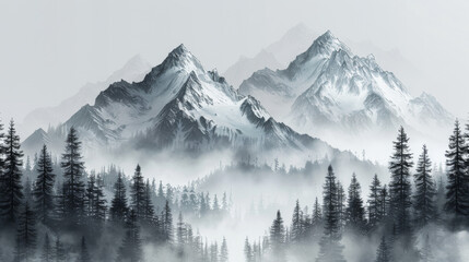 Mountain with pine trees and landscape black on white background. Hand drawn rocky peaks in sketch...