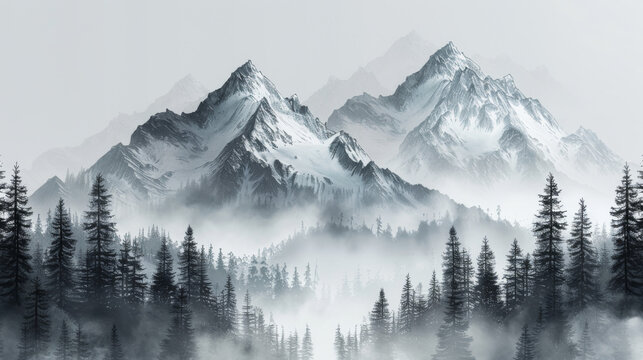 Mountain with pine trees and landscape black on white background. Hand drawn rocky peaks in sketch style. Vector illustration.