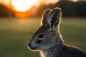 Fototapeta premium Closeup of fluffy wallaby ear against golden sunset backdrop