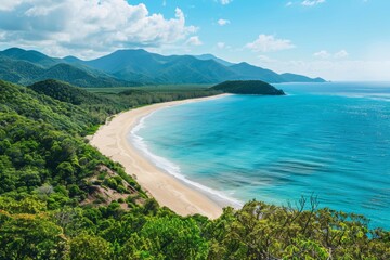 A panoramic view of a long, pristine beach stretching towards the horizon, flanked by lush green hills and crystal-clear turquoise water