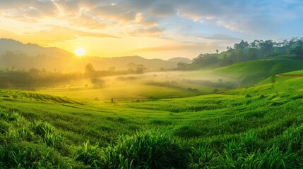 A panoramic view of a lush green meadow bathed in the golden light of dawn, with a gentle mist rising from the ground