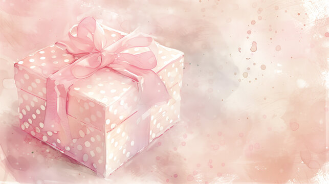 Watercolor Painting of Gift Box with Pink Ribbon on Splattered Background