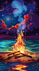 A pop art rendition of a bonfire on the beach, with exaggerated flames, stylized smoke swirling towards a starry night sky