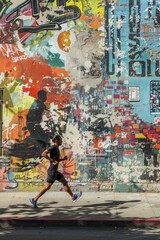 A runner races past a street mural, its vibrant colors contrasting with the gritty urban backdrop