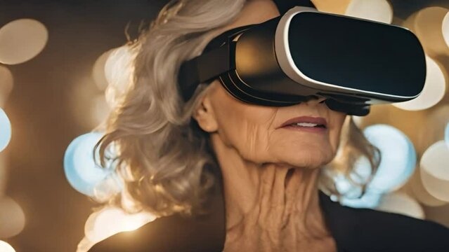 A elderly woman wearing VR headset, virtual reality, innovation and new technology concept