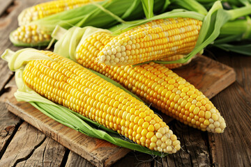 Fresh yellow corn on the cob, isolated Healthy, sweet, and ripe vegetable Closeup of organic maize ear