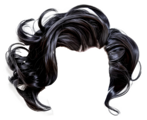 A close up of a woman's hair with a black wig, cut out - stock png.