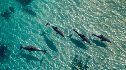 Obraz premium Aerial view of dolphins leaping playfully in crystal-clear water