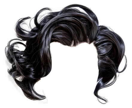 A close up of a woman's hair with a black wig, cut out - stock png.