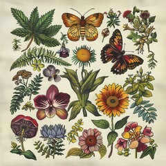 Naturethemed cross stitch pattern, botanical embroidery designs, repeating 2D illustration - obrazy, fototapety, plakaty