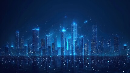 Wi-Fi smart city or network. Low poly wireframe. Building automation with computer board illustration. Isolated on a dark blue background. Plexus points and lines. Wireless smart city or network