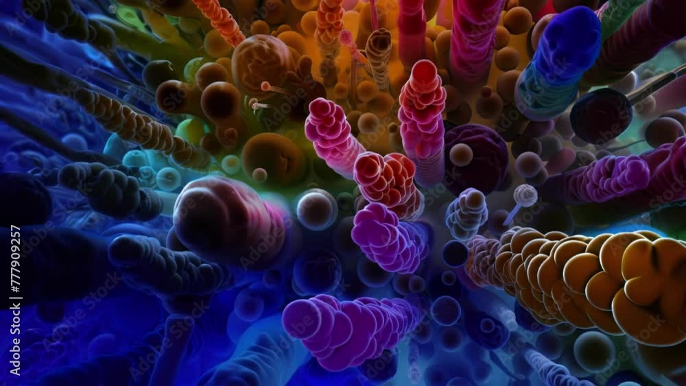Poster a busy metropolis of bacterial towers each one teeming with different shapes and textures forming a 