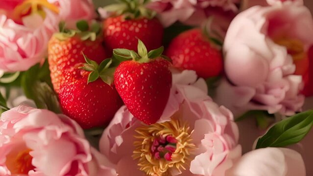A detail shot of a small bunch of strawberries nestled ast delicate pink peonies.
