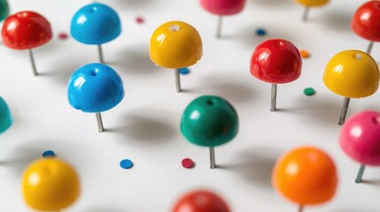 Colorful paper pins attached to white paper Colorful thumbtacks on a white background. Selective focus.