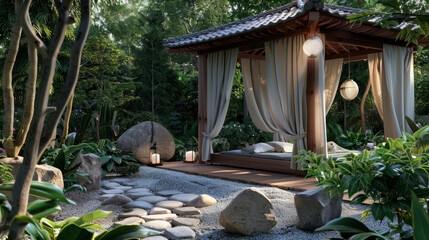 Restorative hot stone massage in an open-air pavilion, photorealistic,