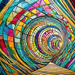 abstract colorful background.an optical illusion artwork featuring separate lines and round color patterns on a wall. The composition should use contrasting colors and precise lines to create a mesmer