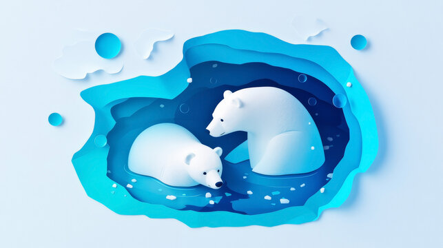 Polar bears on an ice floe, paper cut style, realistic icy light reflection and shadows,