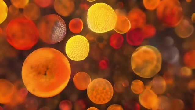 A of pollen grains under the microscope revealing an array of colorful patterns in shades of yellow orange and red. . AI generation.