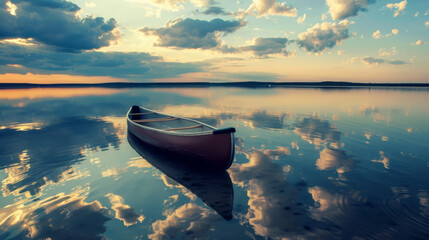Solitary canoe on a calm lake reflecting the sky, minimalistic,