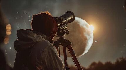 Space enthusiast livestreaming a telescope view of a lunar eclipse - obrazy, fototapety, plakaty