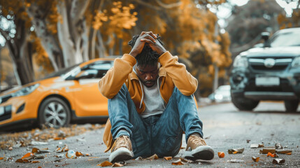 Upset Black Man Sitting on Street with Head in Hands in front of Car Vehicle Crash Accident