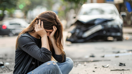 Upset Woman Sitting on Street with Head in Hands in front of Car Vehicle Crash Accident