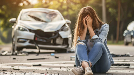 Upset Woman Sitting on Street with Head in Hands in front of Car Vehicle Crash Accident
