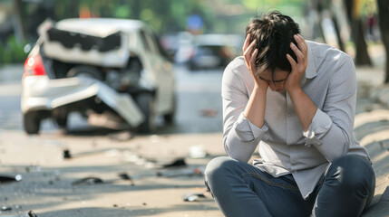 Upset Man Sitting on Street with Head in Hands in front of Car Vehicle Crash Accident