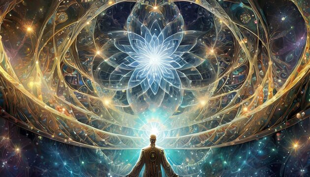 Human figure having a colorful vision of strange fractal geometries